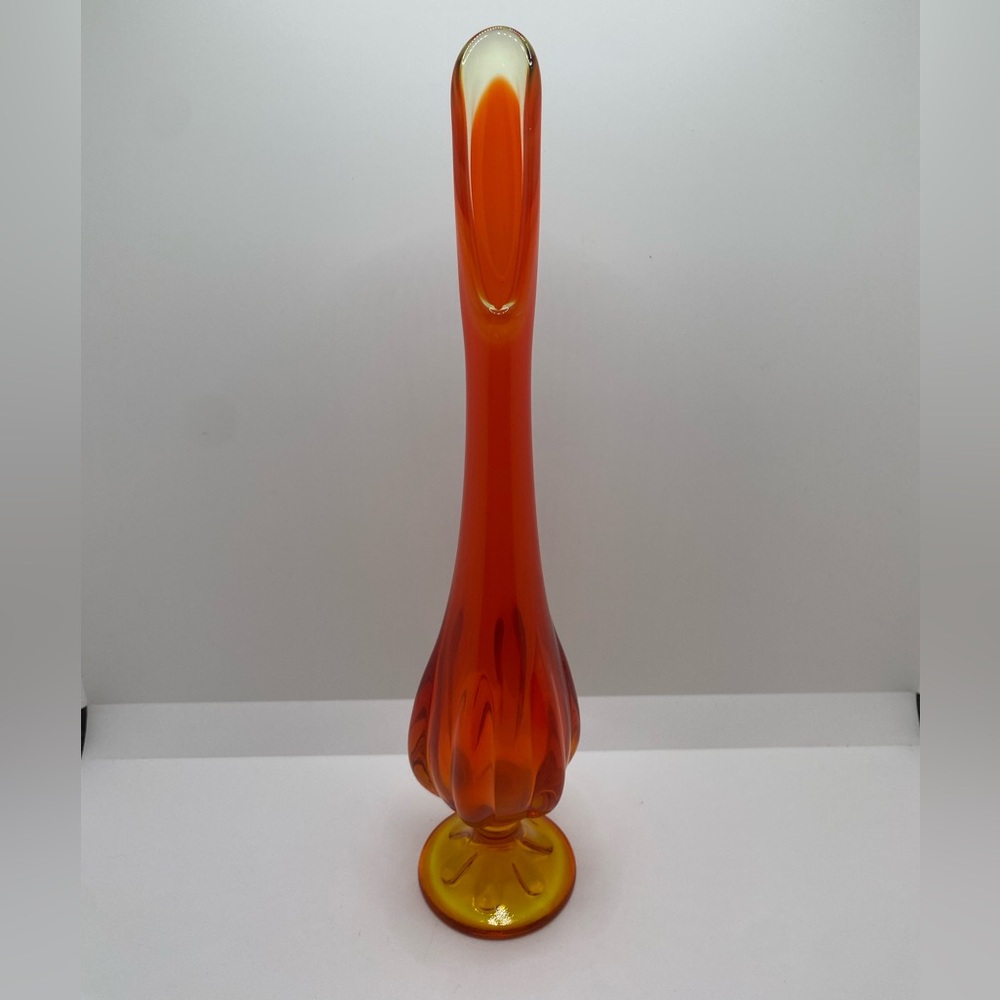 Vintage MCM Viking Glass Petal 12” Swung Vase Persimmon Amberina Orange Glows!